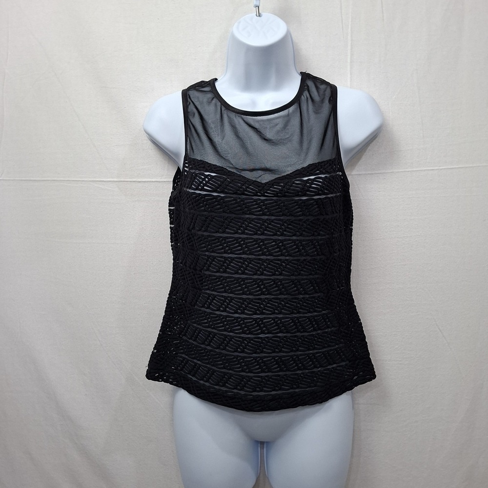 Joseph Ribkoff top Sz 6 Black Sleeveless Sheer Yoke Mesh Knit Tank Sweetheart